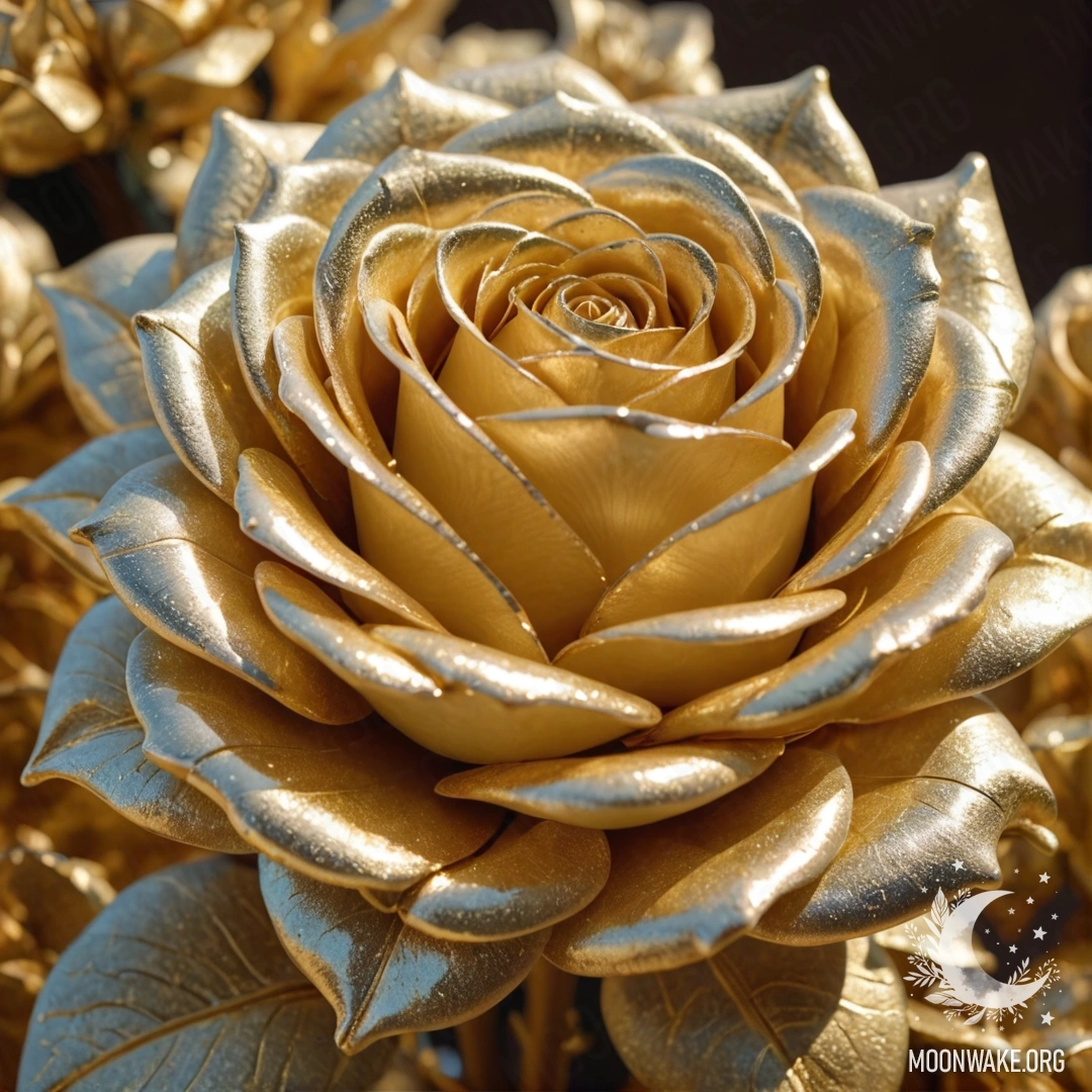 A rose made of gold with intricate details, glistening in the light.