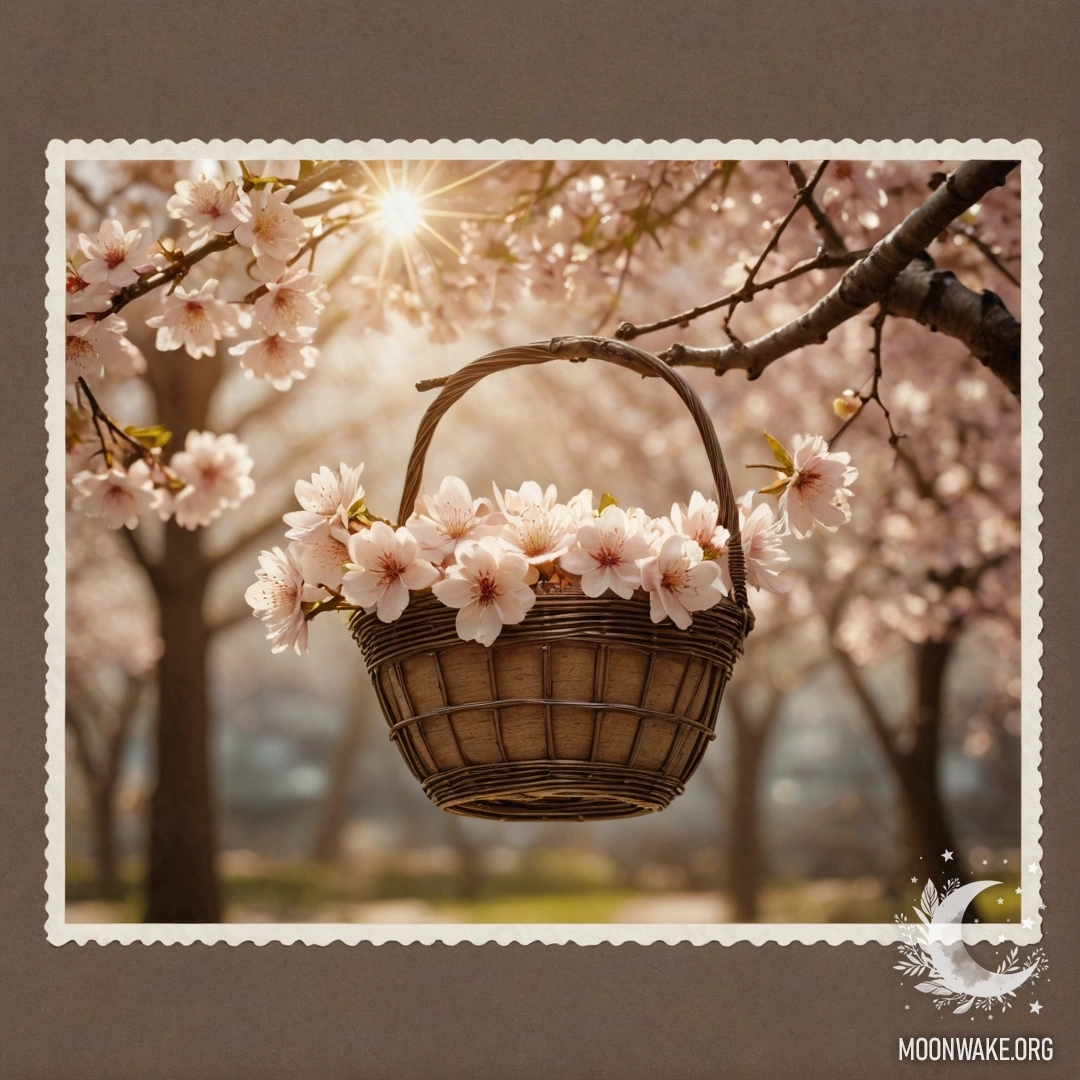 A picturesque scene featuring peaceful sakura blossoms in a golden basket, with sunlight filtering through a web.