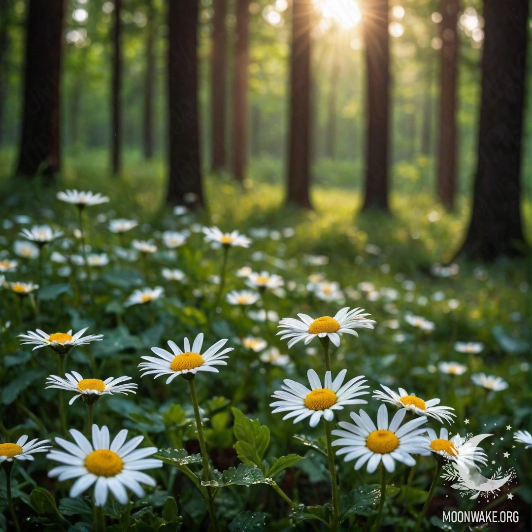 Close-up of daisies glistening under rain with a sunset backdrop.