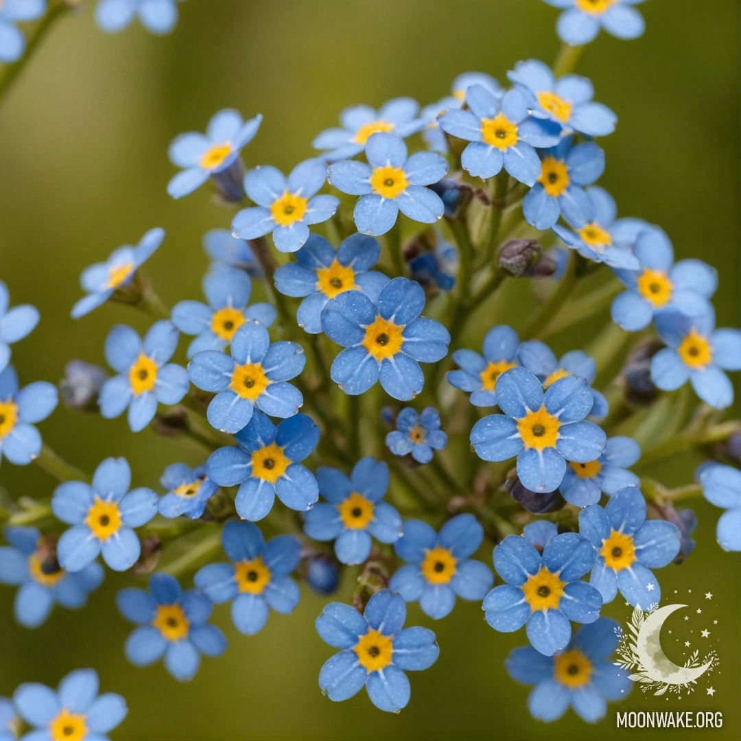 Golden Sweet Forget-Me-Nots with Dew Drops A close-up of golden forget-me-nots adorned with glistening dew drops.