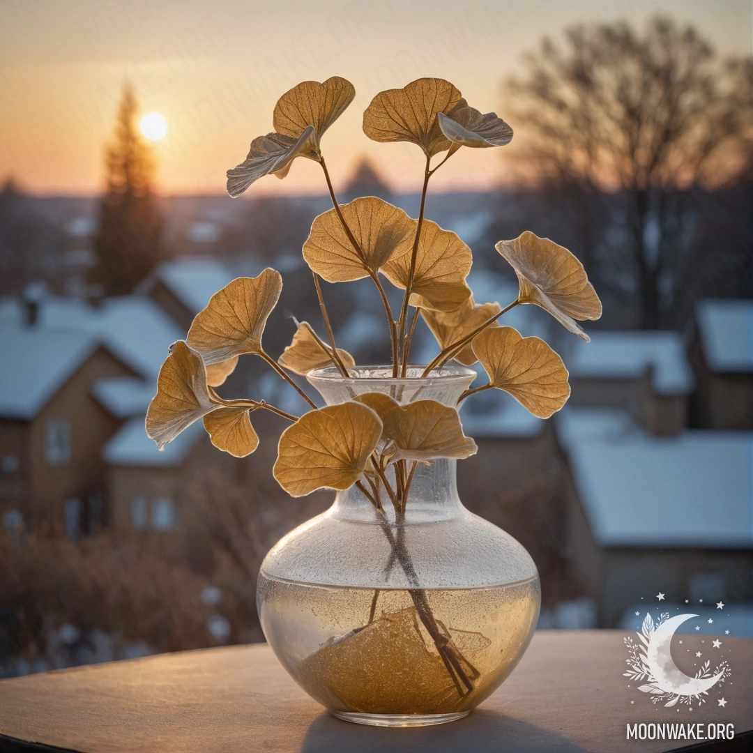 A golden vase with lunaria plants in frost at sunset.