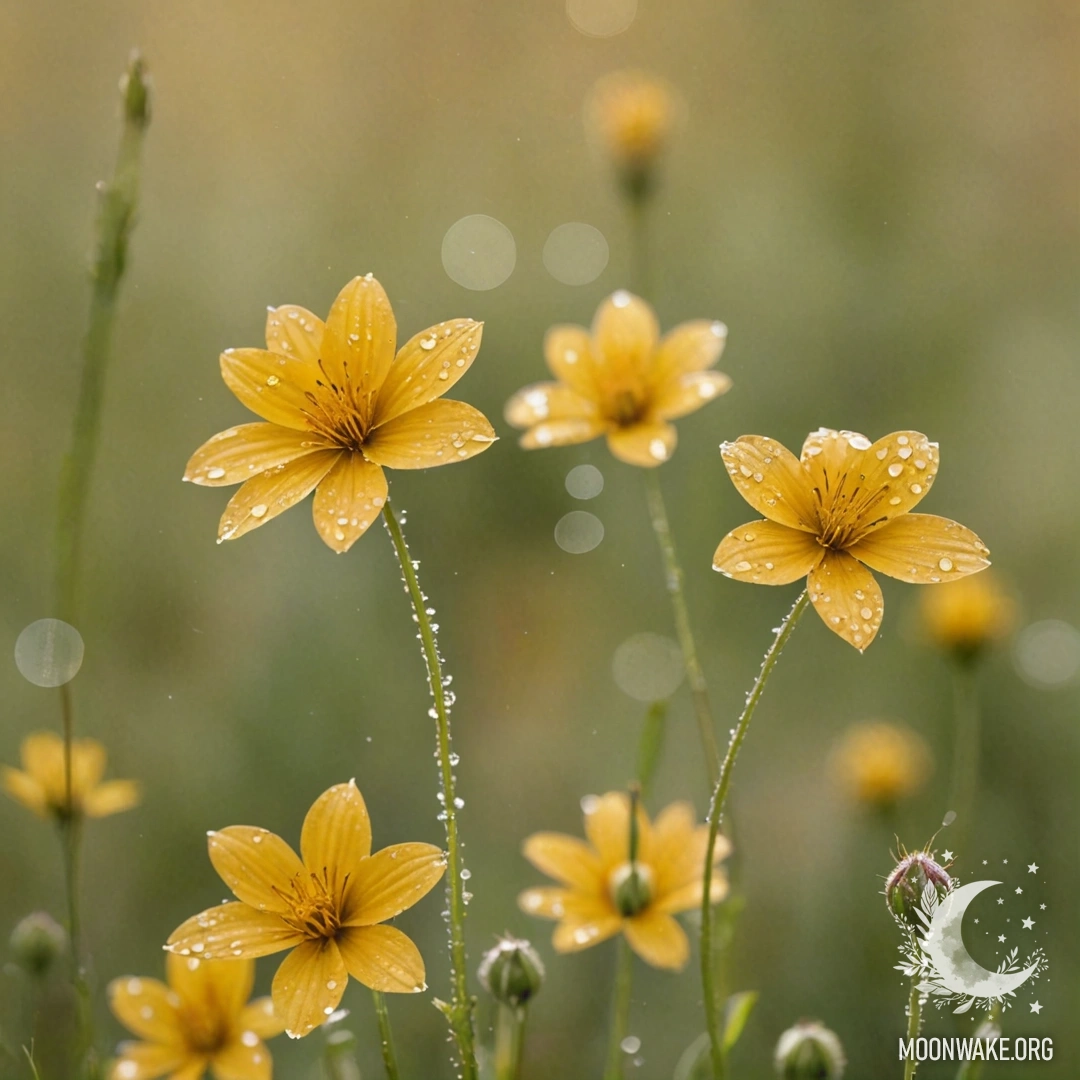 Golden Wildflower Patterns with Dew Drops A watercolor painting featuring golden patterns of wildflowers adorned with dew drops.