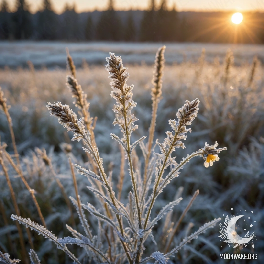 Photograph of golden wildflowers covered in frost at sunset, with glitter.