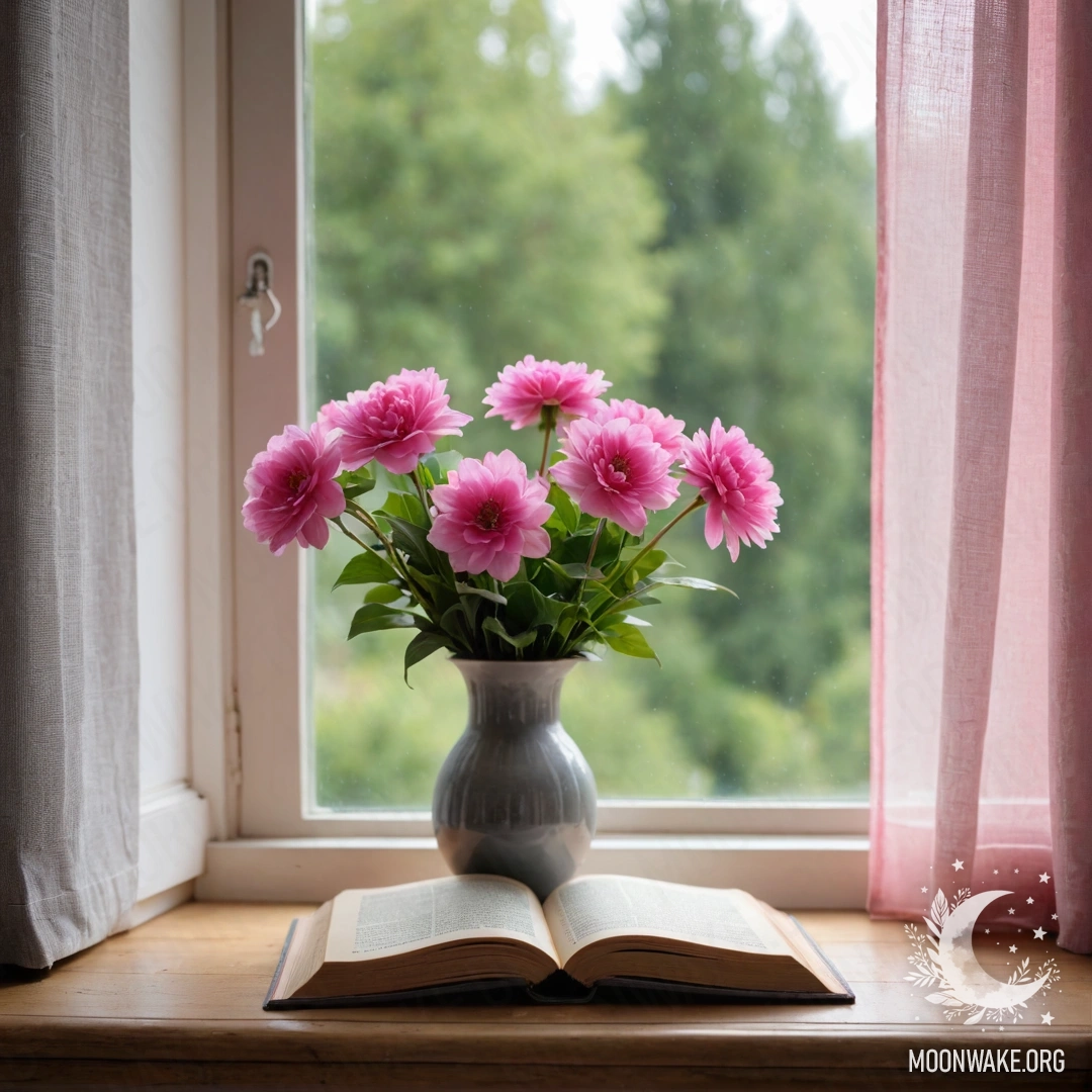 Graceful Minimalism with Flowers A wooden window sill with an old shabby book, a gray vase containing pink flowers, and a pink curtain.