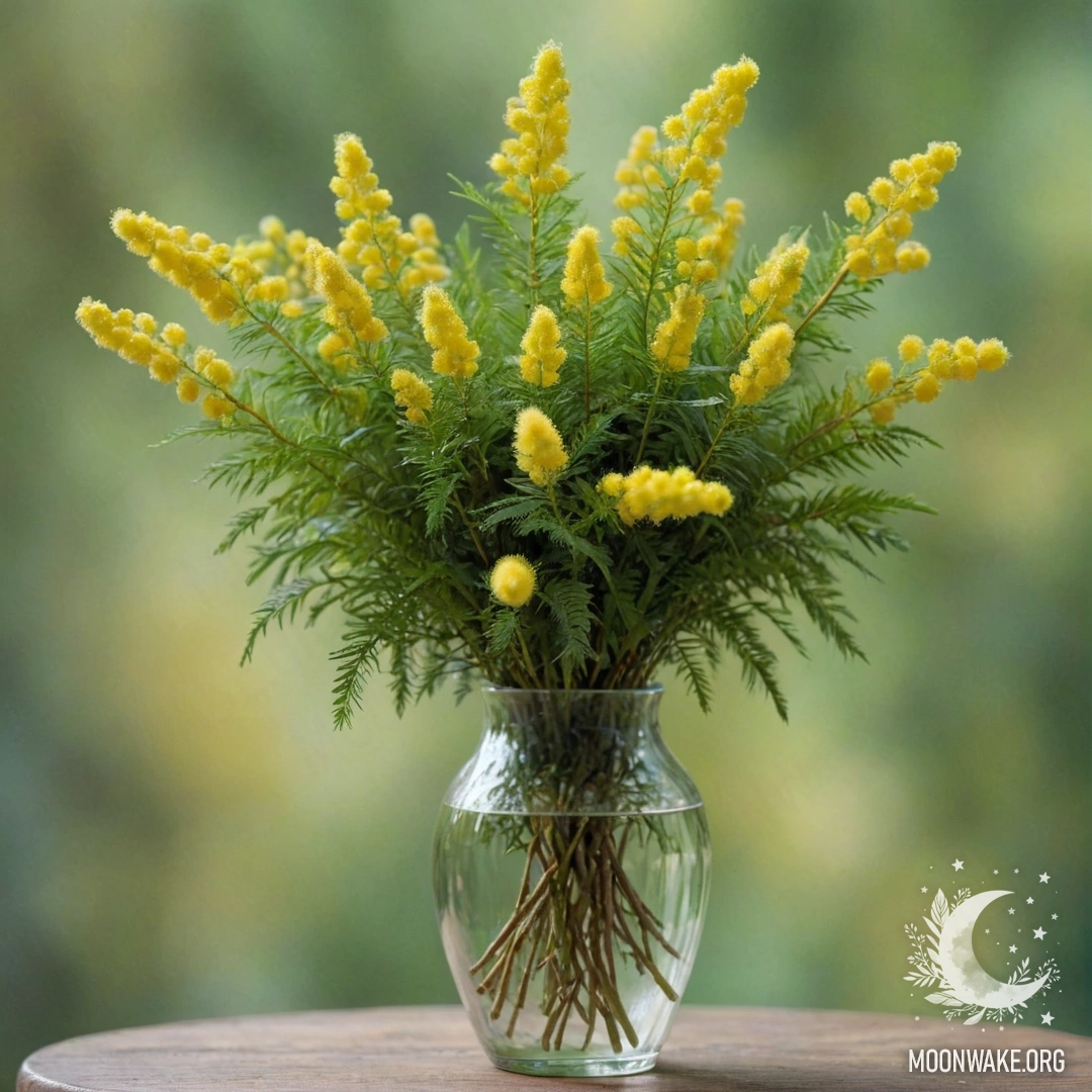 A sweet mimosa bouquet in a green vase.
