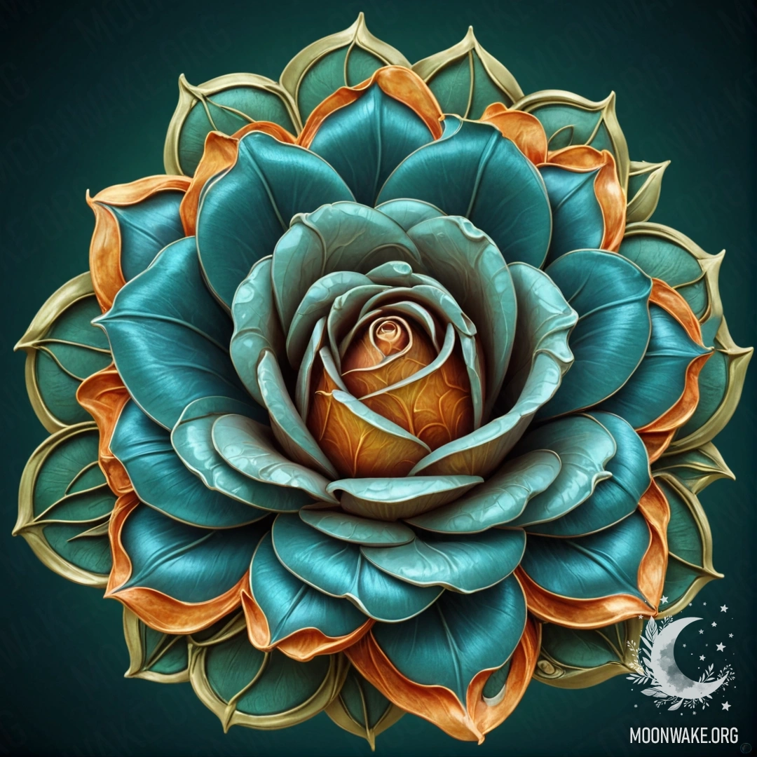 A rose-shaped flame in greenish-blue hues, embodying Art Nouveau style.