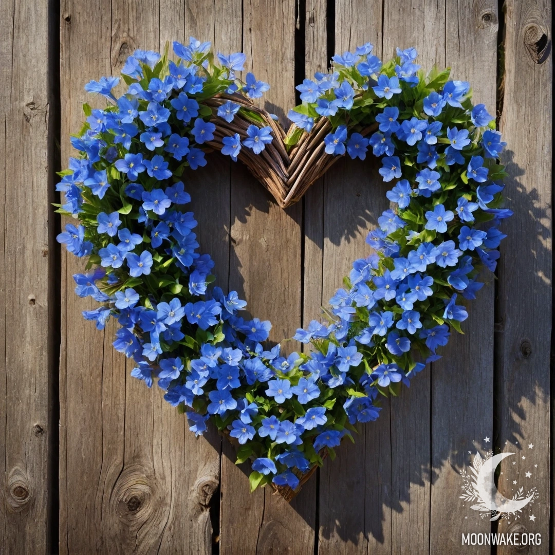 Close-up of an old wooden fence with a heart-shaped wreath of blue flowers and sun rays.