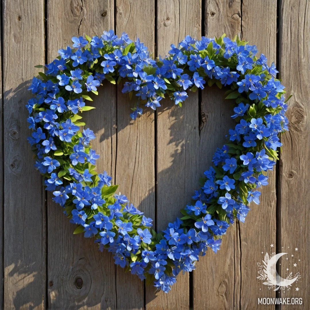 Heart-Shaped Blue Flower Wreath on Old Fence Close-up of an old wooden fence adorned with a blue flower wreath in the shape of a heart, illuminated by sunlight.