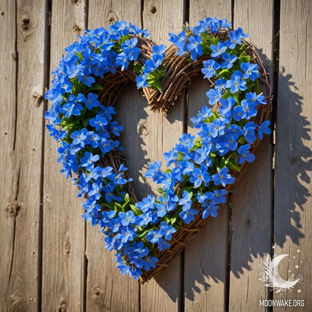 A close-up of an old wooden fence adorned with a heart-shaped wreath of blue flowers, bathed in soft sunlight.