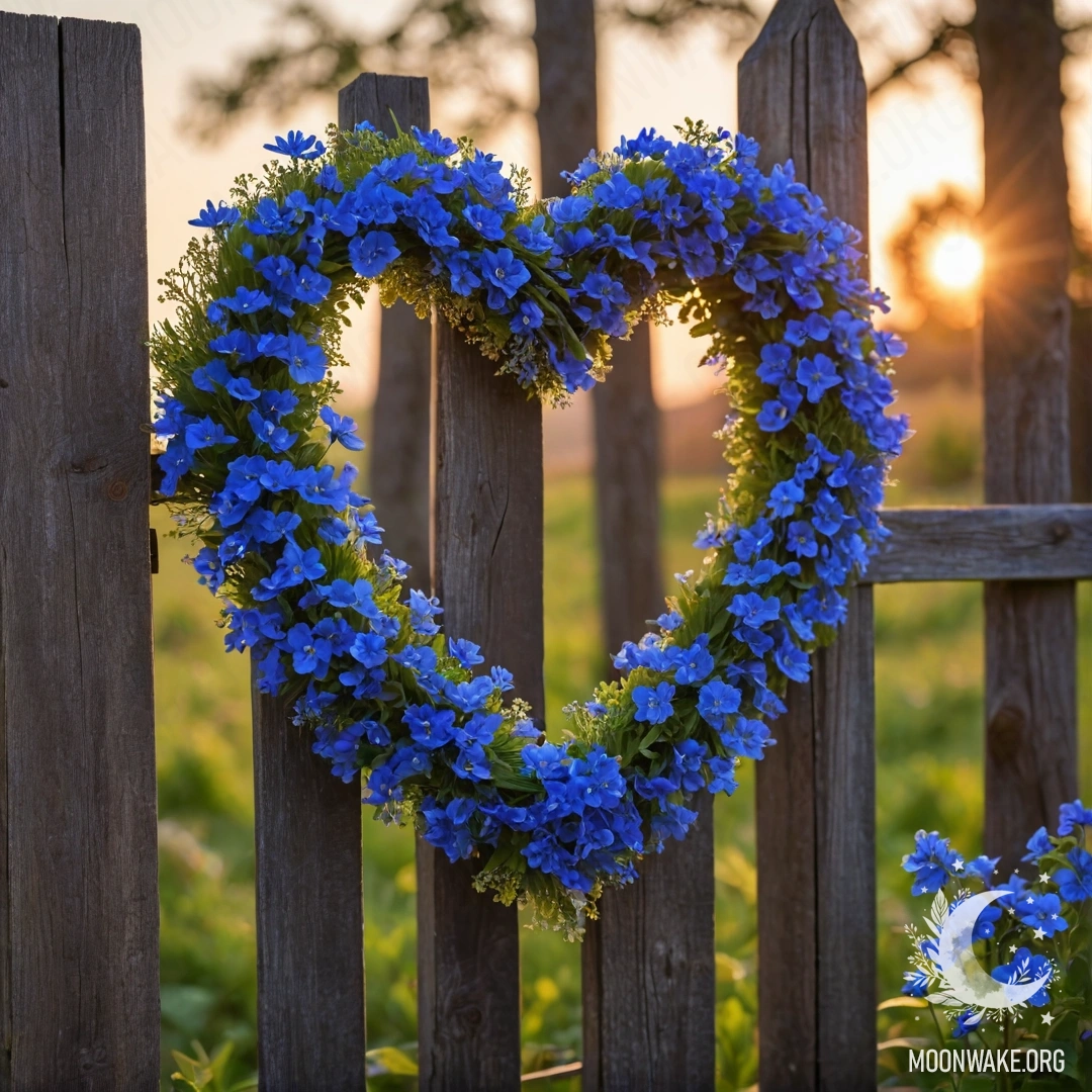 A close-up of an old wooden fence adorned with a heart-shaped wreath of blue flowers, illuminated by the soft glow of sunset.