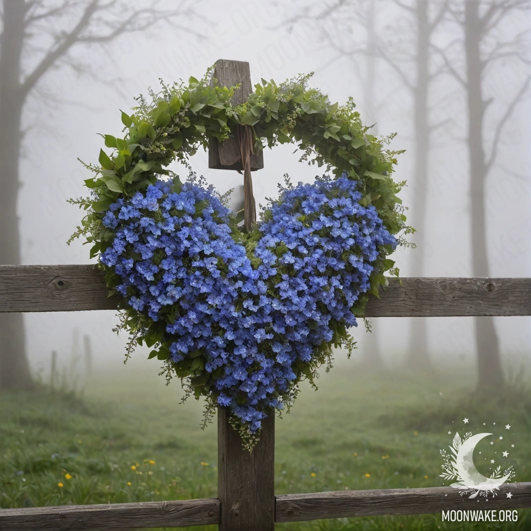 Heart-Shaped Blue Flower Wreath on Wooden Fence A close-up of an old wooden fence with a heart-shaped wreath of blue flowers hanging on it, surrounded by dense fog.