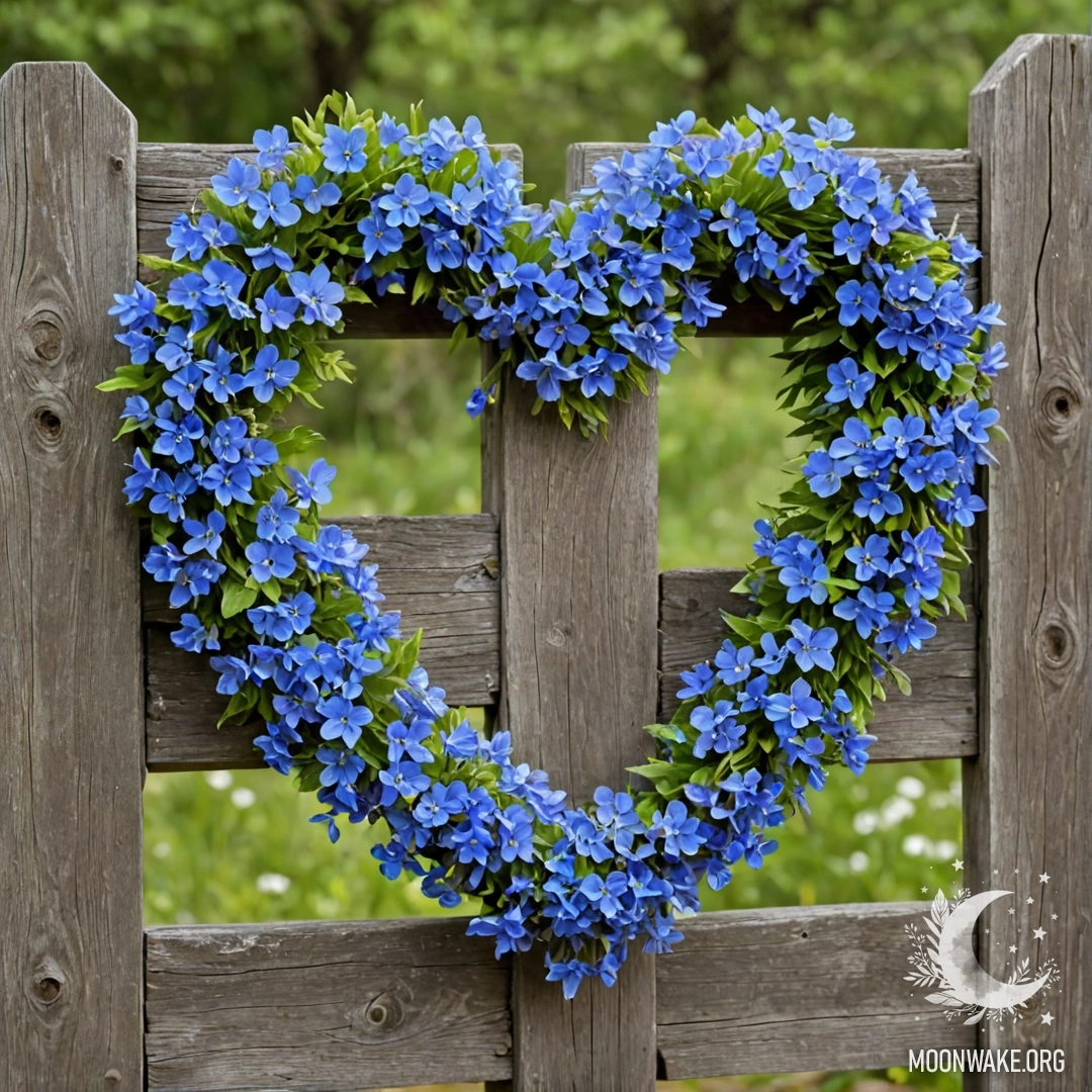 Close-up of an old wooden fence with a heart-shaped wreath of blue flowers hanging on it.