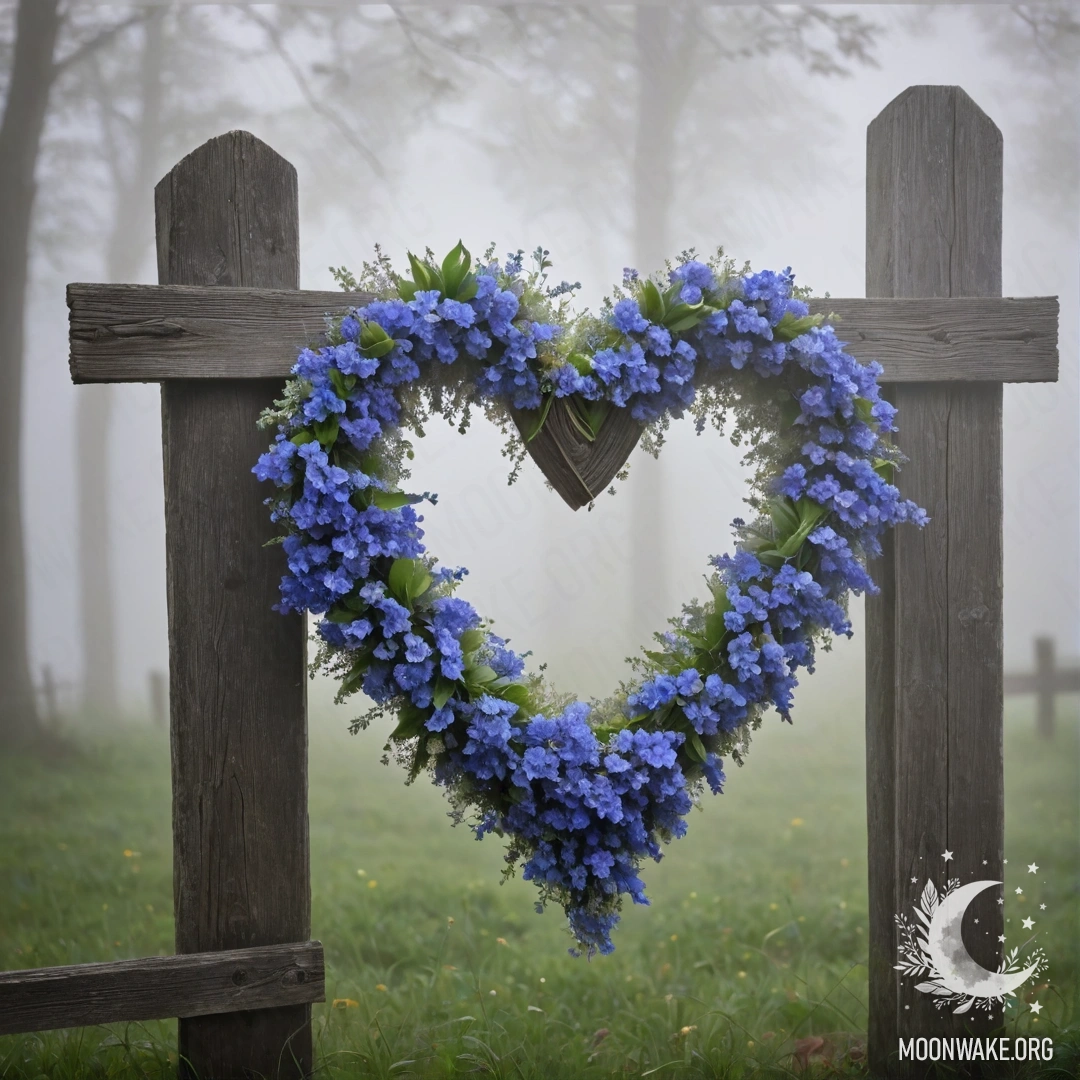 Heart-Shaped Blue Flower Wreath on Wooden Fence Close-up of an old wooden fence adorned with a heart-shaped wreath of blue flowers in a dense fog.