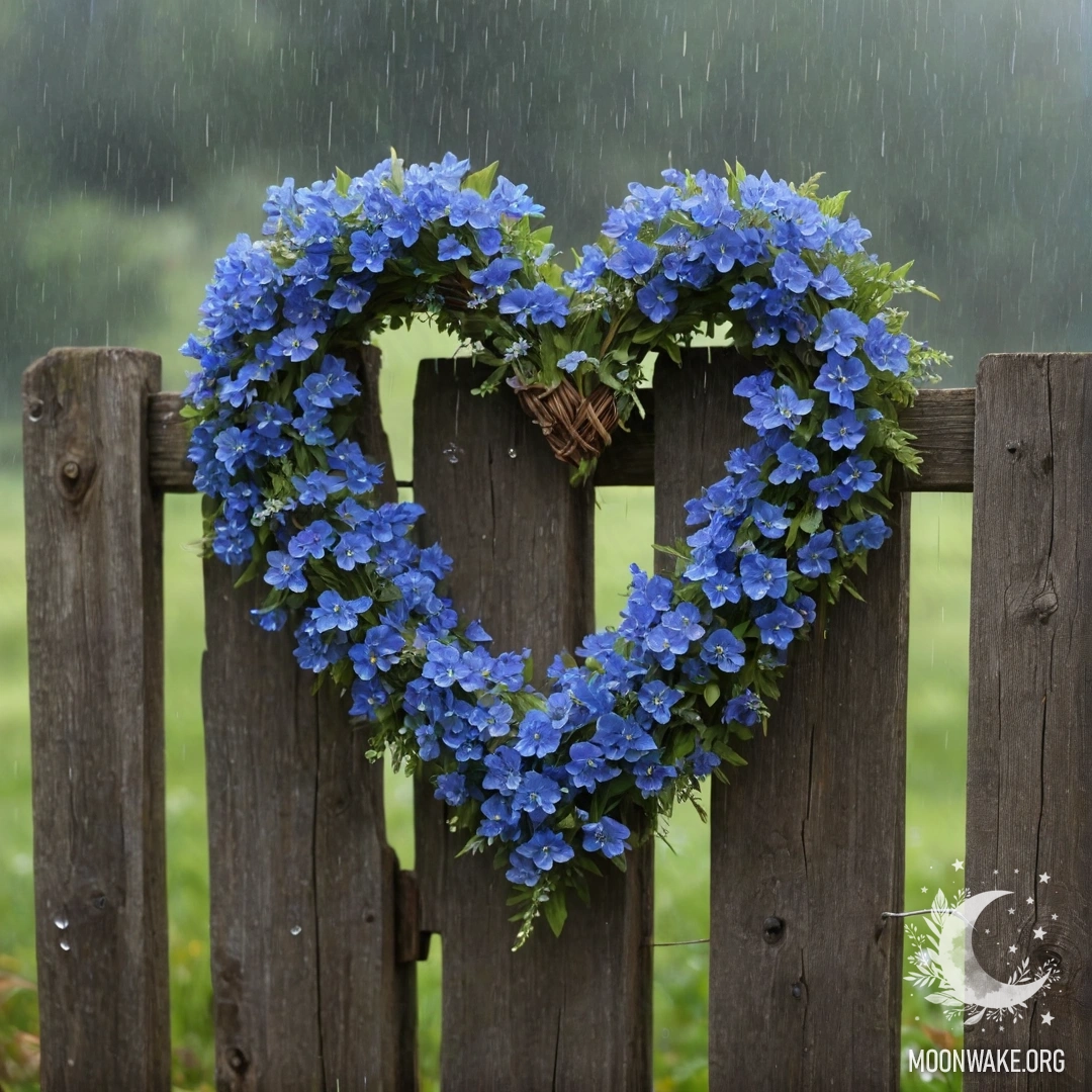 Heart-Shaped Blue Flower Wreath on Wooden Fence A close-up of an old wooden fence adorned with a heart-shaped blue flower wreath under the rain.