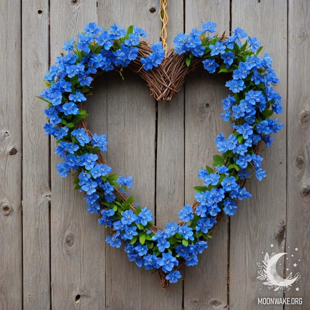 Close-up of an old wooden fence with a heart-shaped wreath of blue flowers and garland lights.