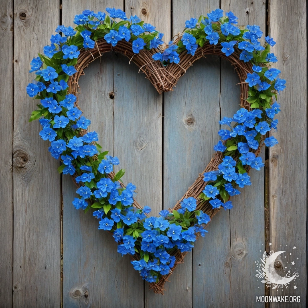 Close-up of an old wooden fence adorned with a heart-shaped wreath of blue flowers and garland lights.