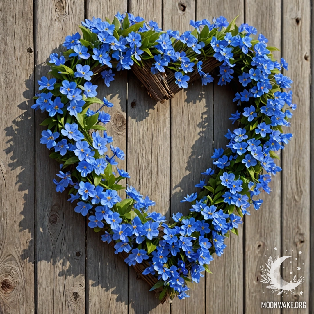 Heart-Shaped Blue Flower Wreath on Wooden Fence Close-up of an old wooden fence with a heart-shaped wreath of blue flowers