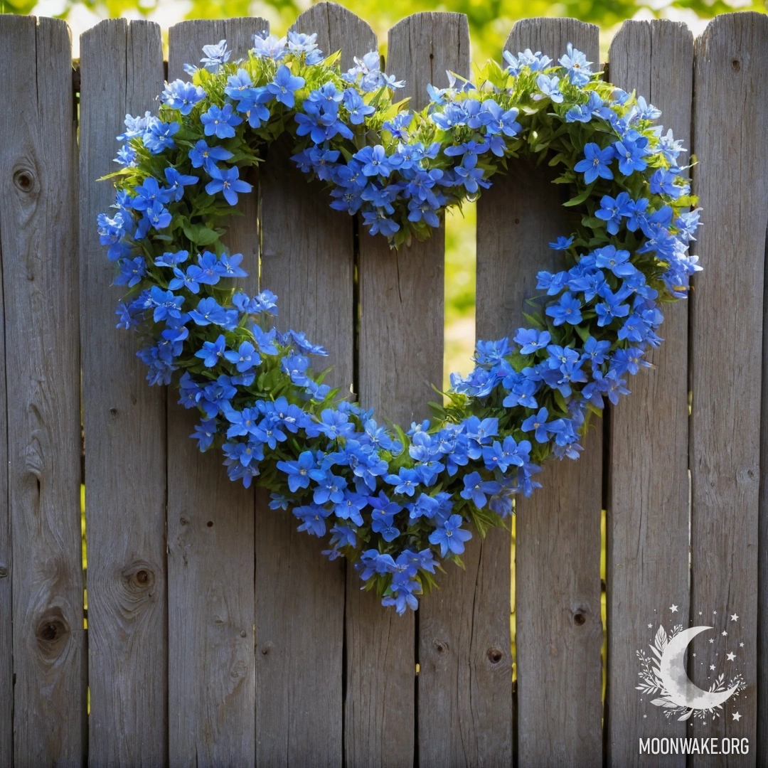 Heart-Shaped Blue Flower Wreath on a Wooden Fence A close-up of an old wooden fence adorned with a heart-shaped wreath of blue flowers.