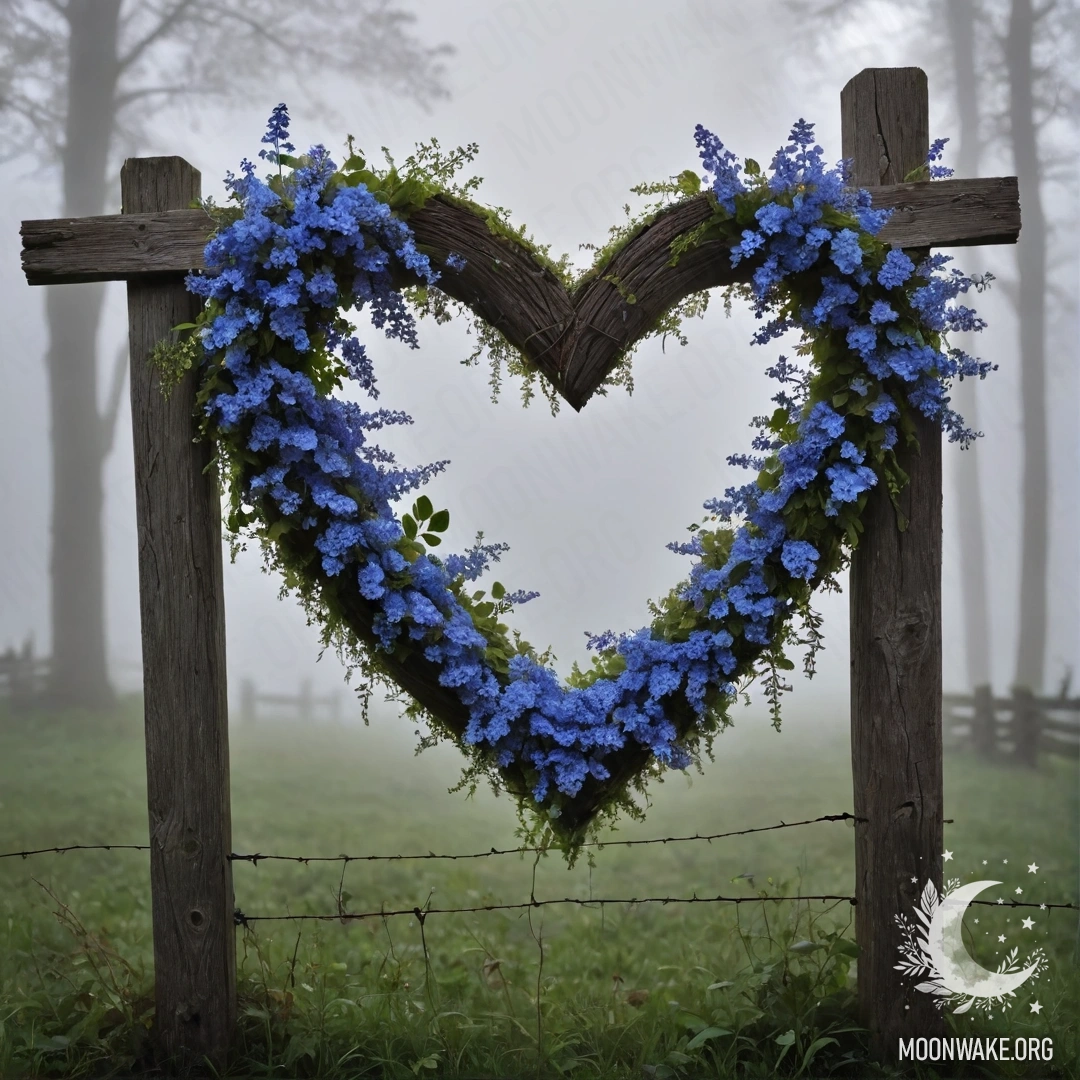 A close-up of an old wooden fence adorned with a heart-shaped wreath of blue flowers, enveloped in dense fog.