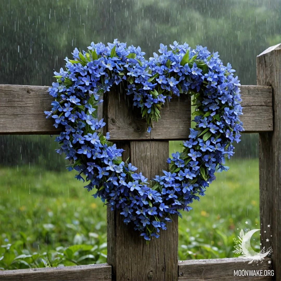 Close-up of an old wooden fence with a blue flower wreath shaped like a heart under the rain.