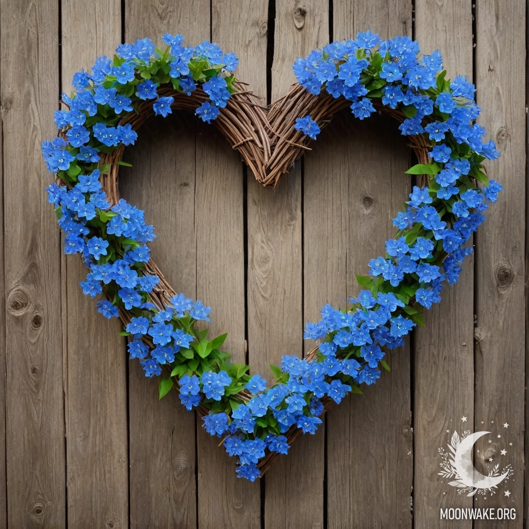 Close-up of an old wooden fence adorned with a heart-shaped wreath of blue flowers.