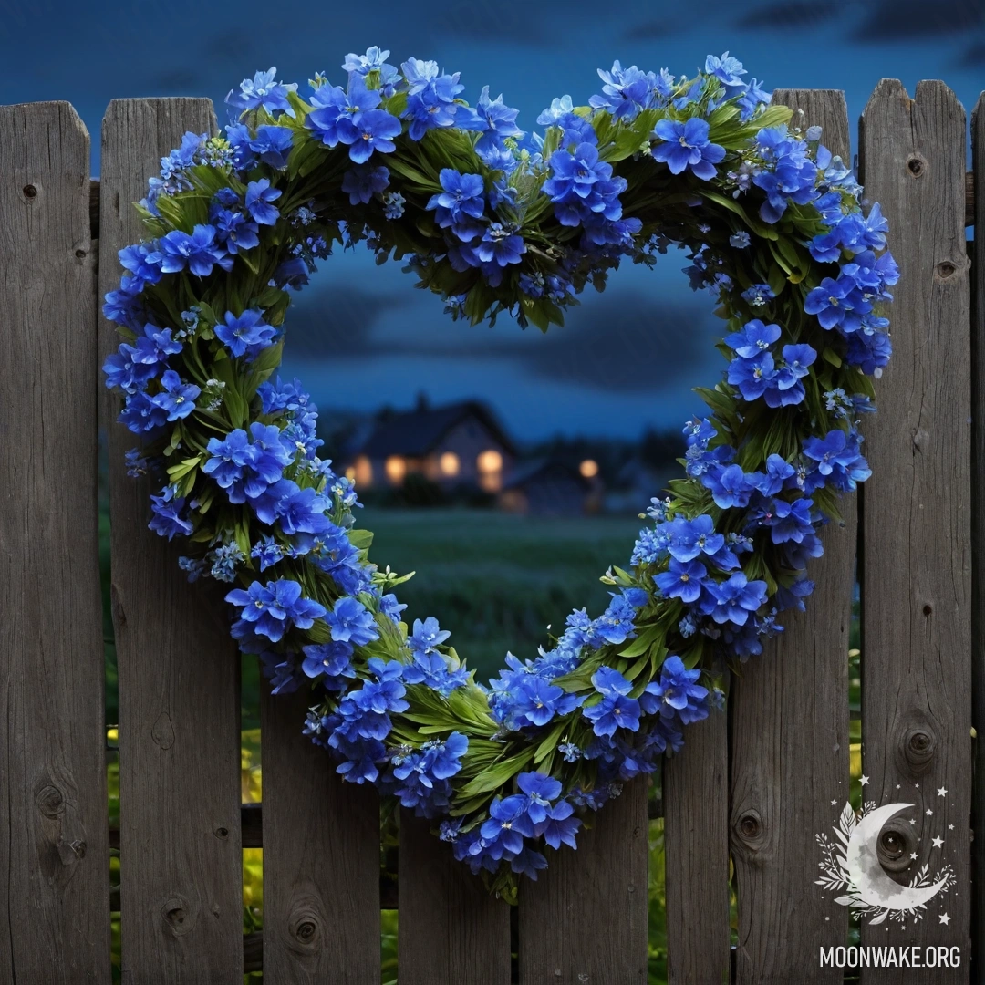 Heart-Shaped Blue Flower Wreath on Wooden Fence A close-up photograph of an old wooden fence with a heart-shaped wreath made of blue flowers hanging on it at night.