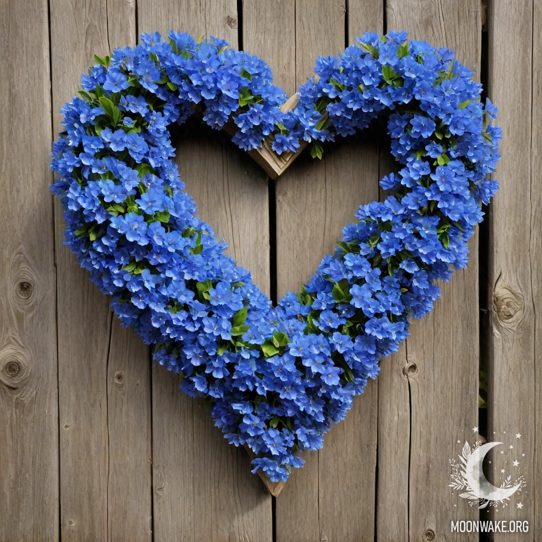 A close-up of an old wooden fence with a blue flower wreath shaped like a heart.