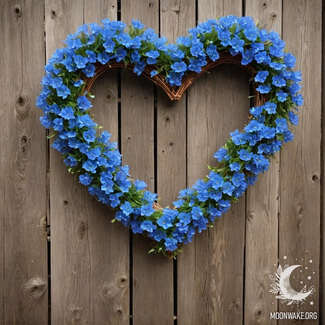 Close-up of a wooden fence adorned with a blue flower wreath shaped like a heart, illuminated by sun rays.