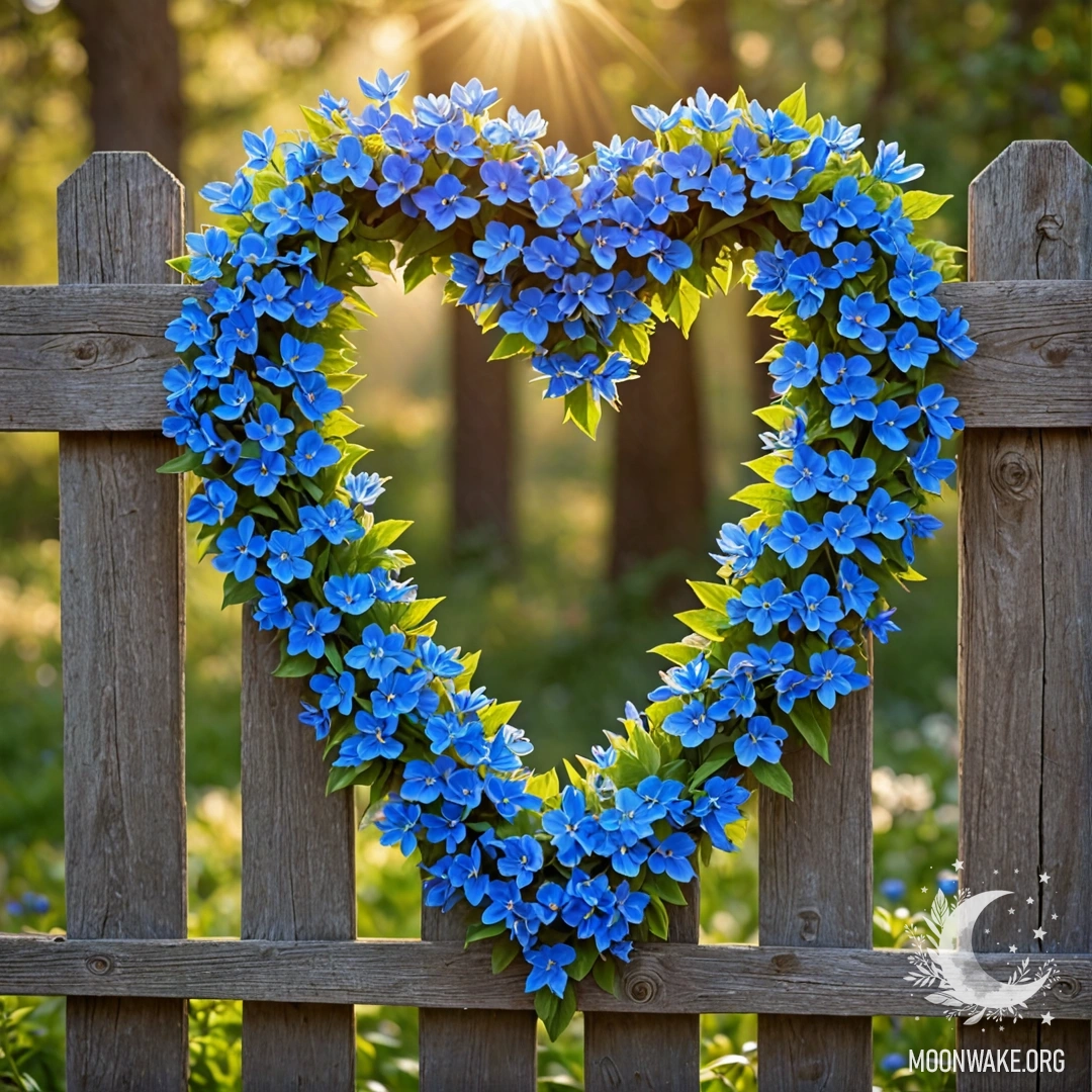 Close-up of an old wooden fence with a heart-shaped wreath of blue flowers.