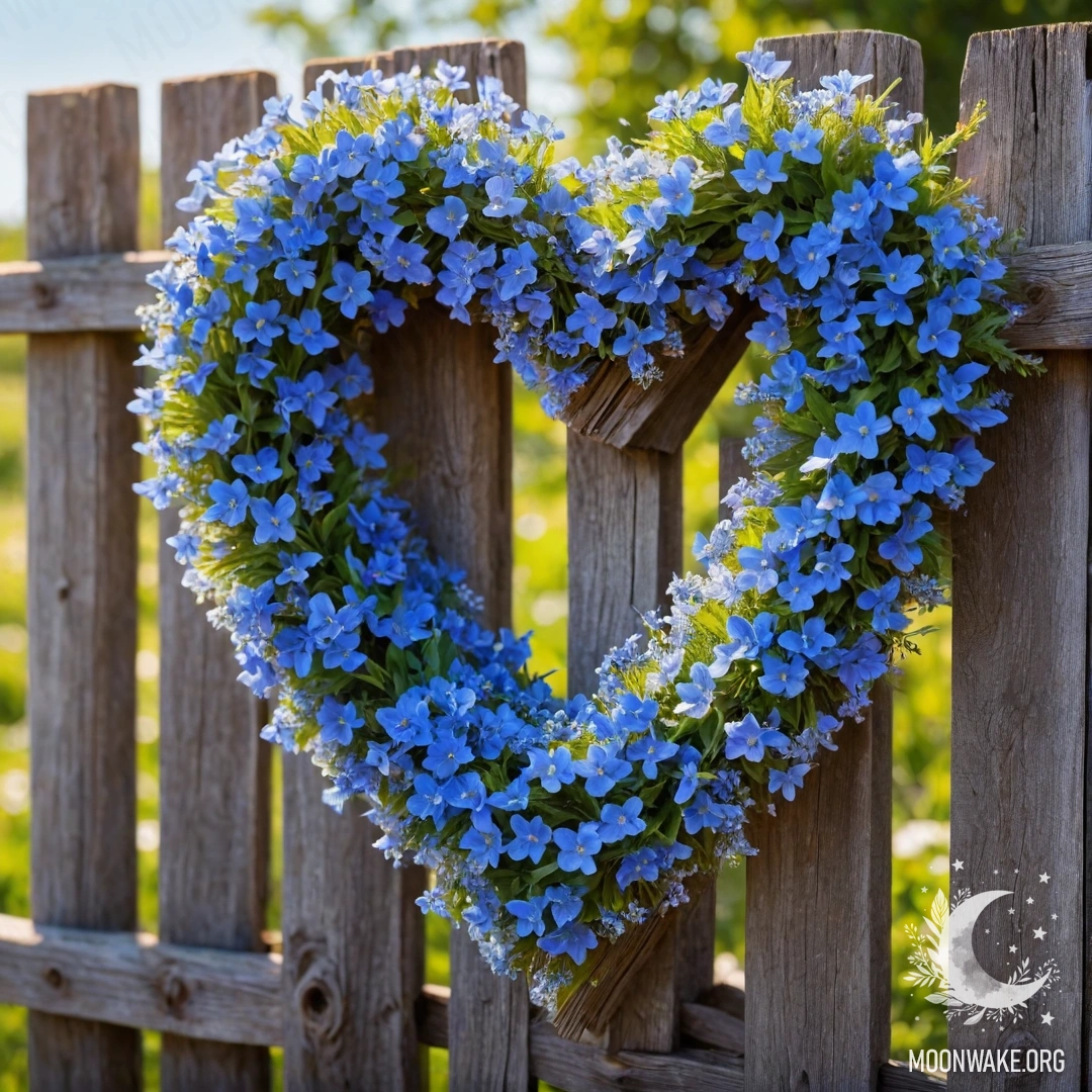 A close-up of an old wooden fence adorned with a blue flower wreath shaped like a heart, with sun rays shining down.