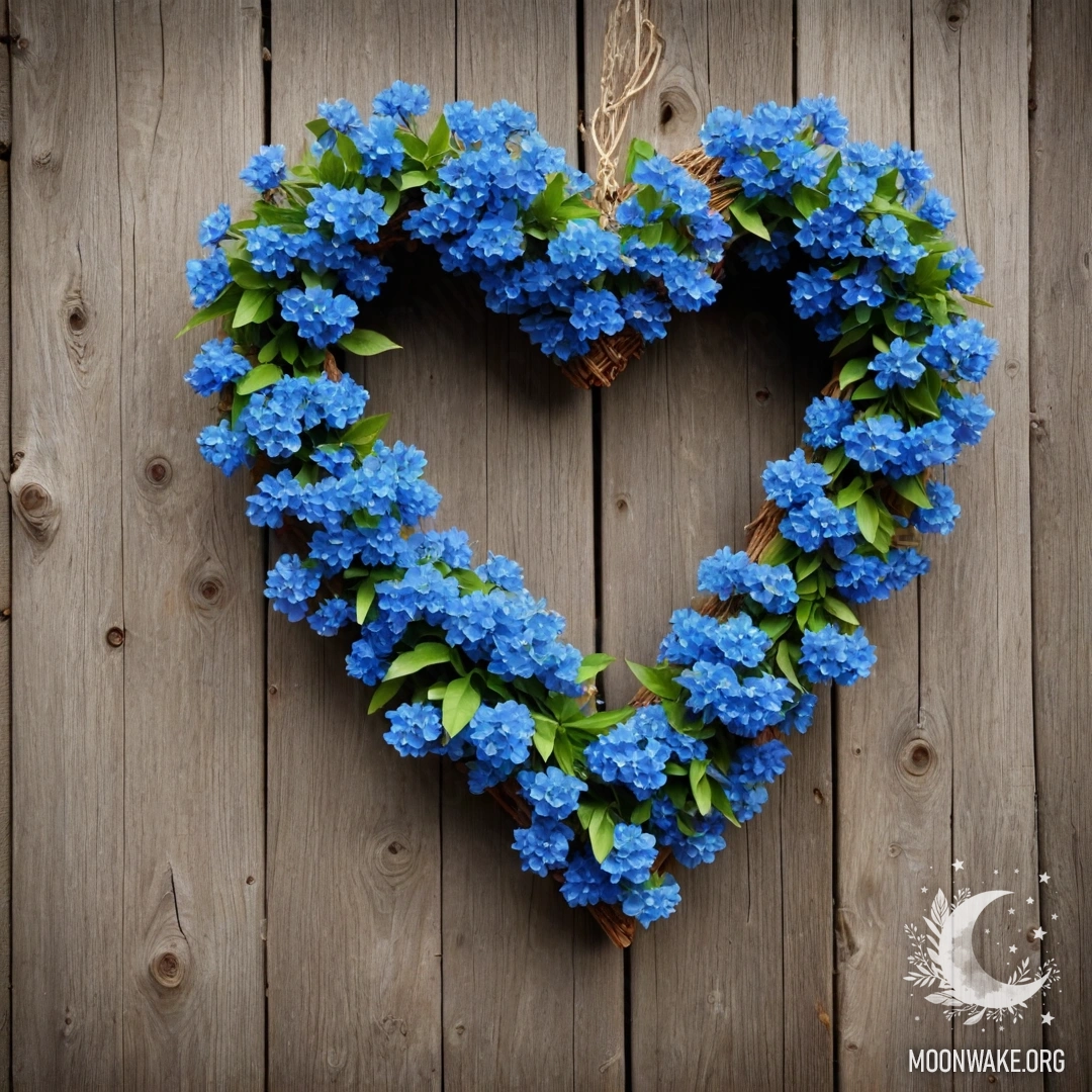 Close-up of an old wooden fence with a heart-shaped wreath of blue flowers and garland lights.