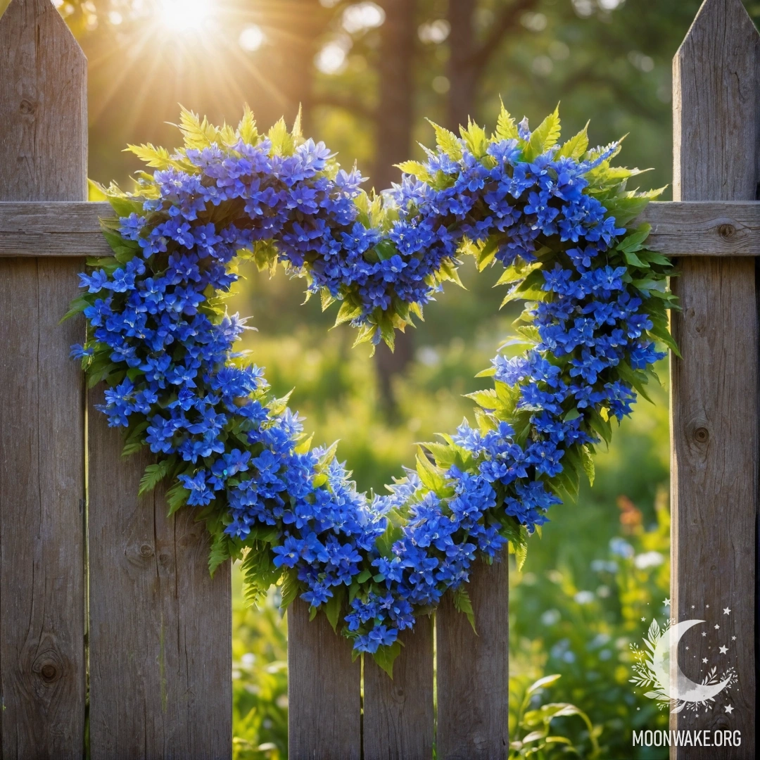 Heart-Shaped Blue Flower Wreath on Wooden Fence Close-up of an old wooden fence adorned with a blue flower wreath.