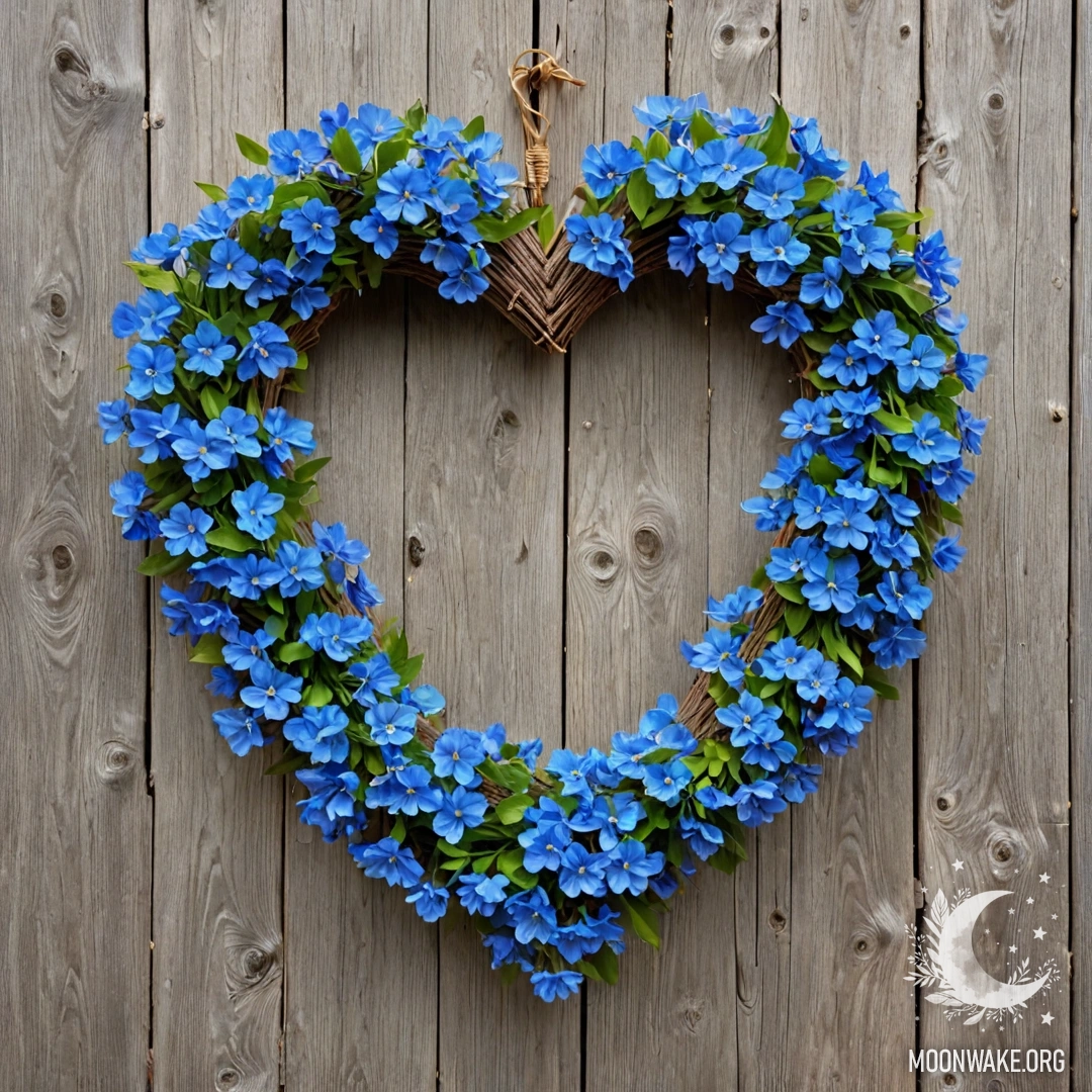 Heart-Shaped Blue Flower Wreath on Vintage Fence A close-up of an old wooden fence adorned with a heart-shaped wreath of blue flowers and twinkling garland lights.
