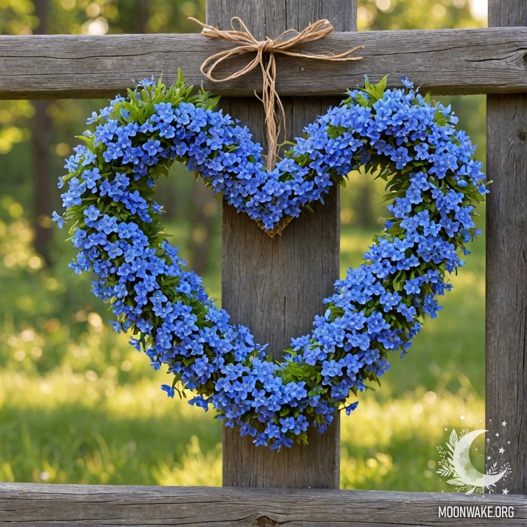 Close-up of an old wooden fence with a heart-shaped wreath of blue flowers hanging from it.