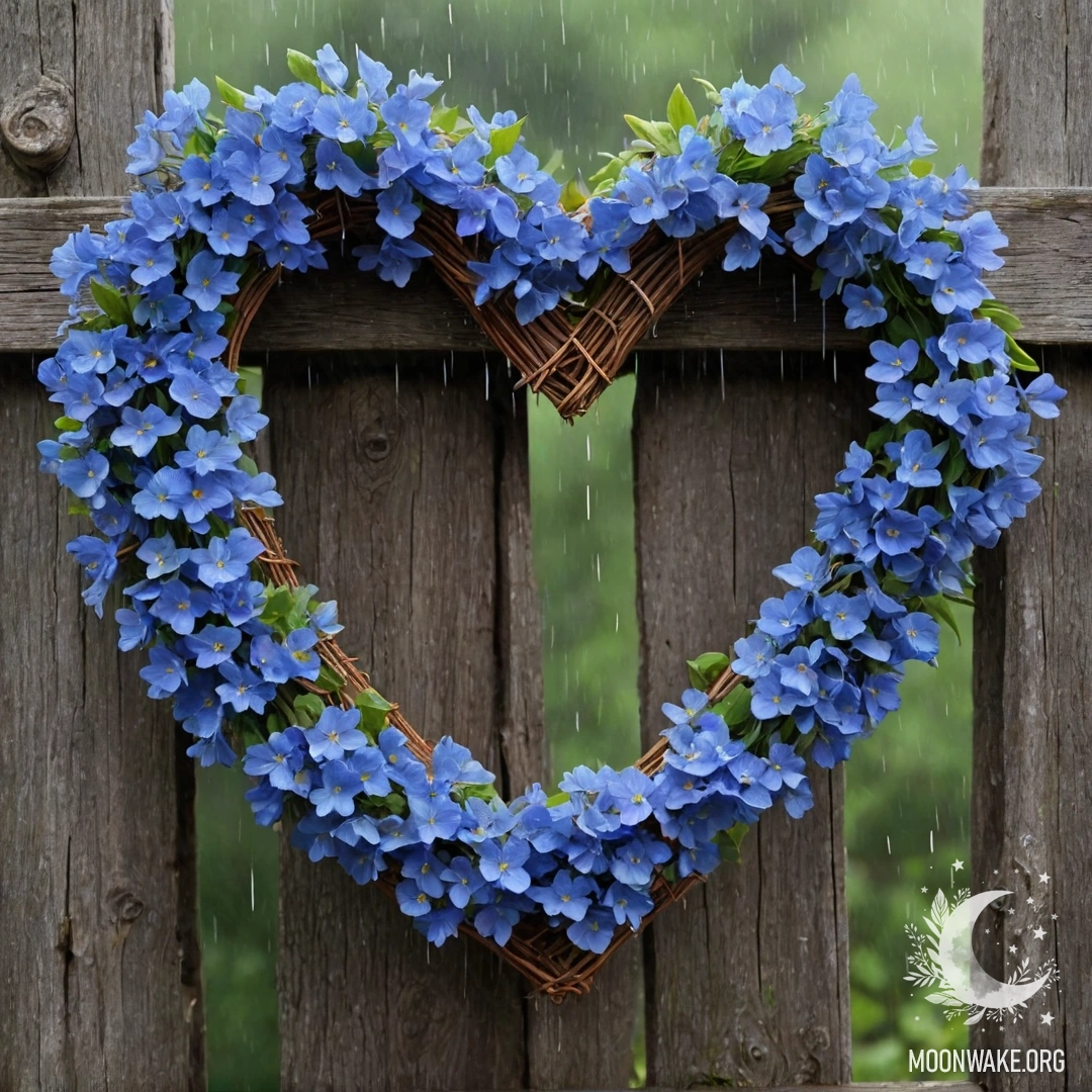 Close-up of an old wooden fence adorned with a heart-shaped wreath of blue flowers, gently touched by rain.