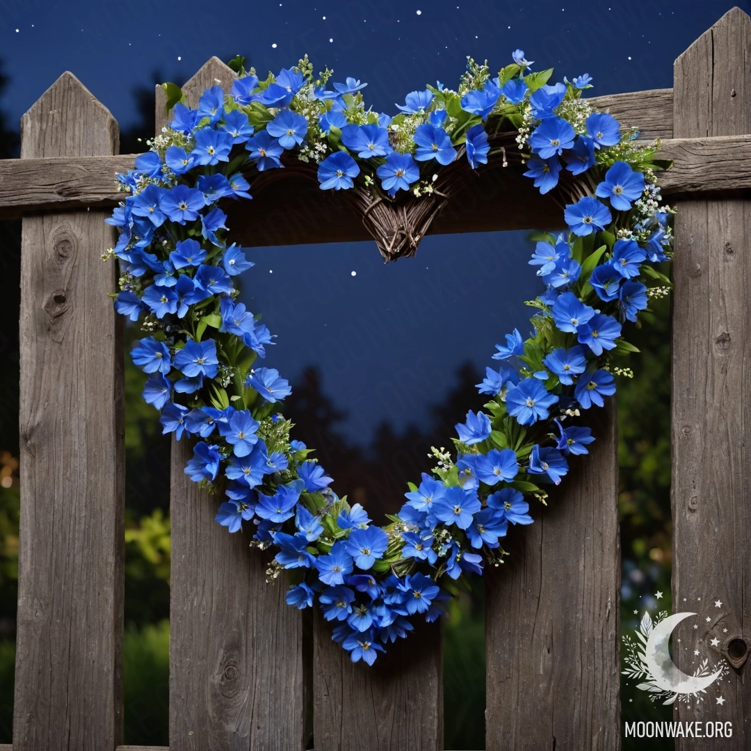 Heart-Shaped Blue Flower Wreath on a Wooden Fence at Night Close-up of an old wooden fence with a heart-shaped wreath of blue flowers, set at night.