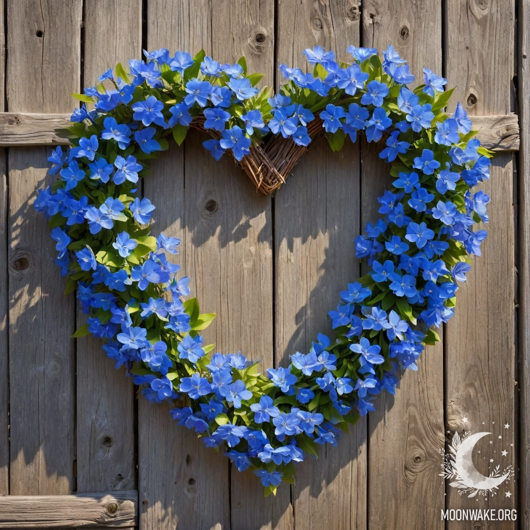 A close-up view of an old wooden fence with a heart-shaped wreath made of blue flowers hanging on it, illuminated by sun rays.