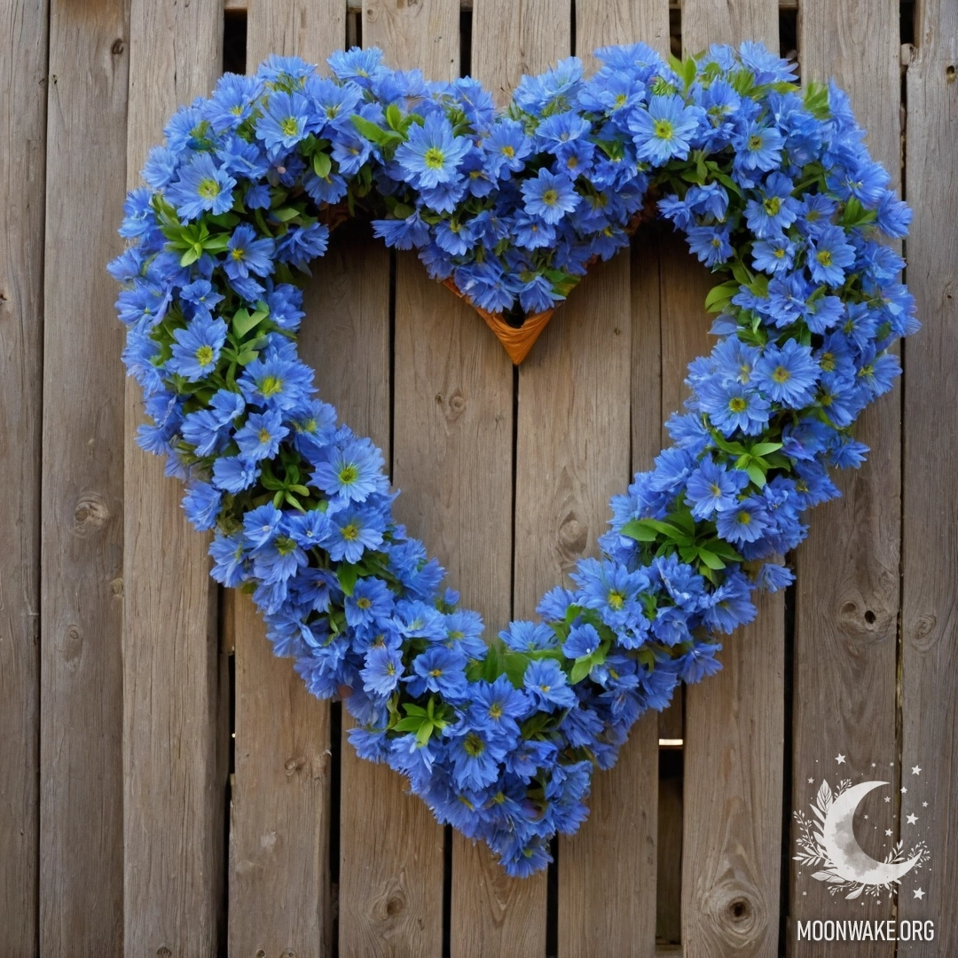 Close-up of an old wooden fence adorned with a heart-shaped wreath of blue flowers and sun rays.