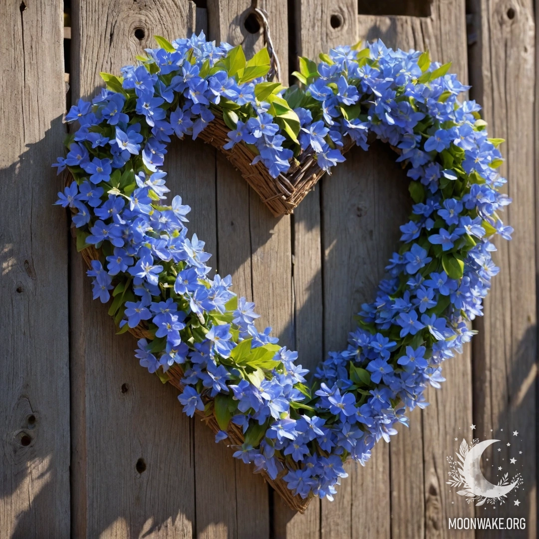 Close-up of an old wooden fence adorned with a blue flower wreath in the shape of a heart, illuminated by sun rays.