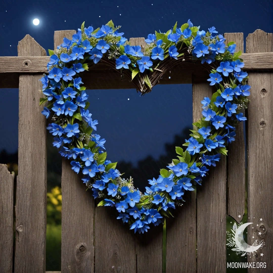 Close-up photograph of an old wooden fence with a heart-shaped wreath of blue flowers hanging on it at night.
