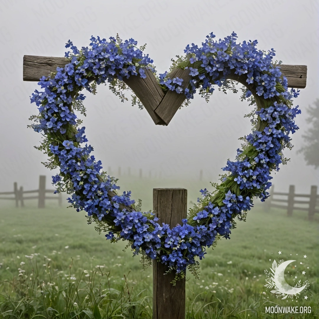 A close-up of an old wooden fence with a heart-shaped wreath of blue flowers hanging on it, surrounded by dense fog.