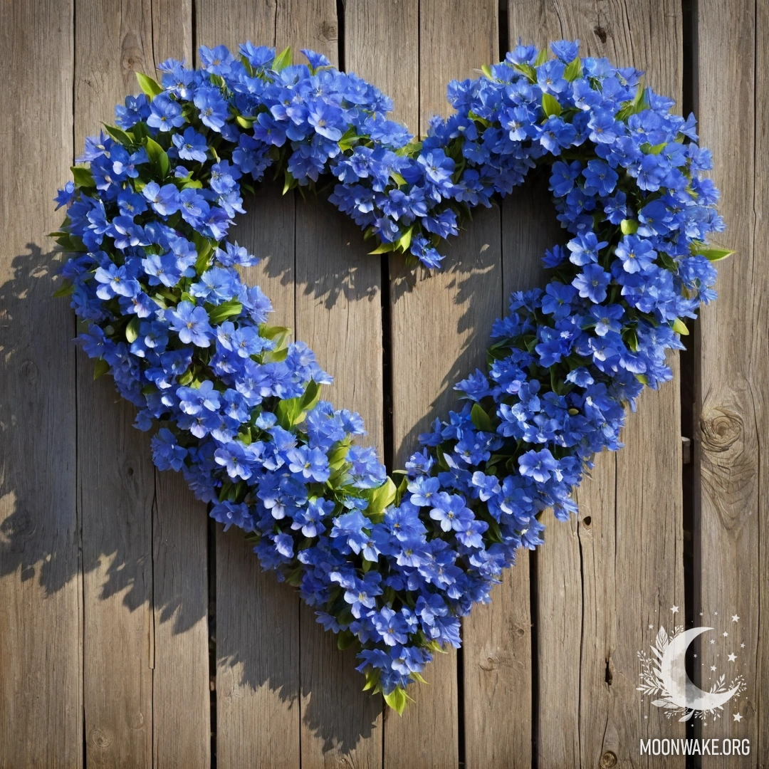 Heart-Shaped Wreath of Blue Flowers on Wooden Fence Close-up of an old wooden fence adorned with a heart-shaped blue flower wreath.