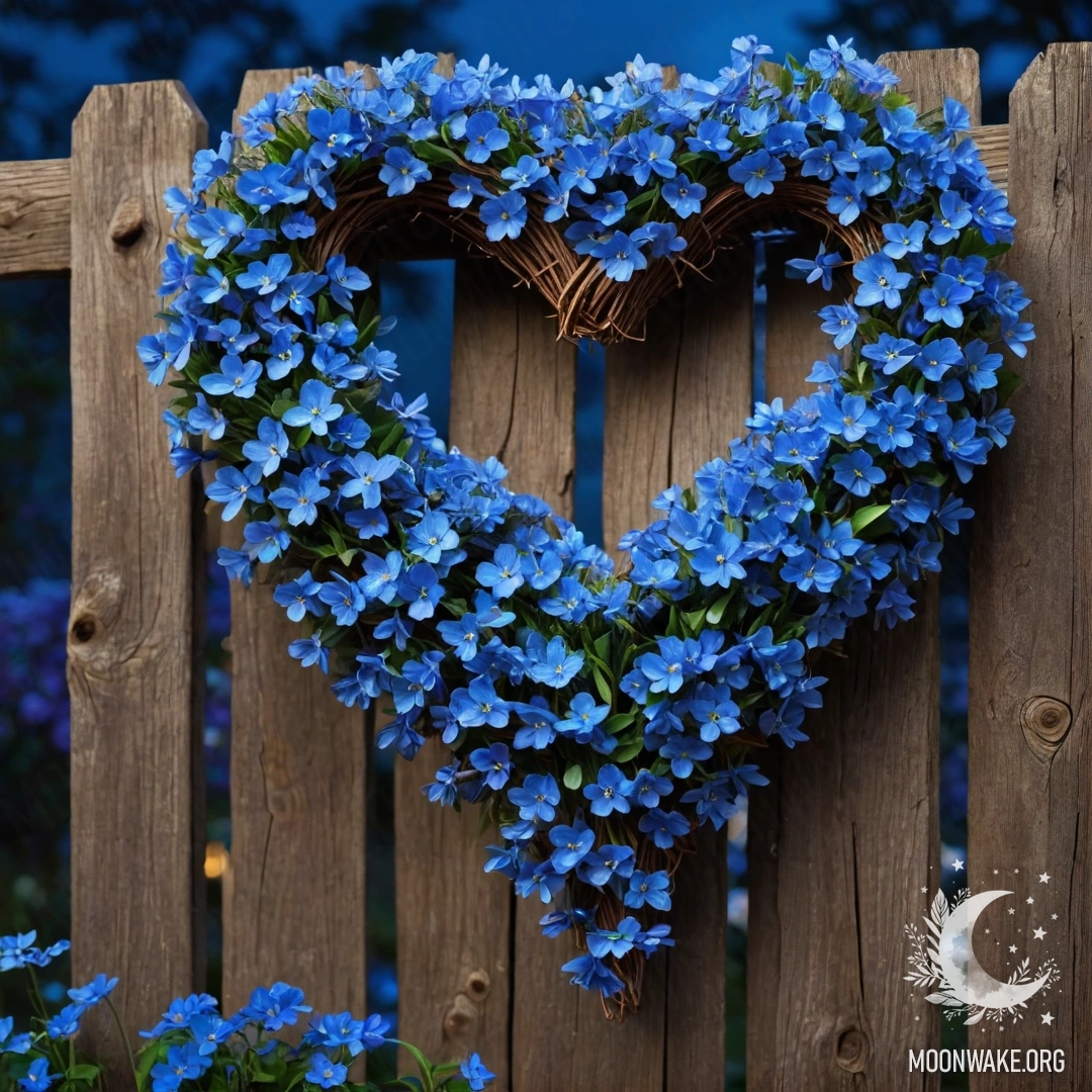 Close-up of a wooden fence with a heart-shaped wreath made of blue flowers hanging on it at night.
