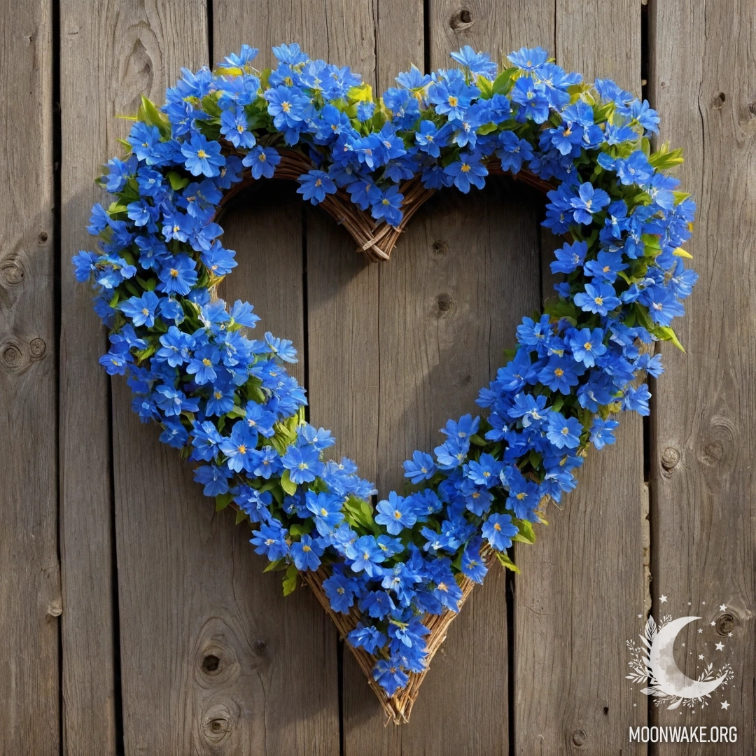 A close-up of an old wooden fence adorned with a heart-shaped wreath of blue flowers, illuminated by sun rays.