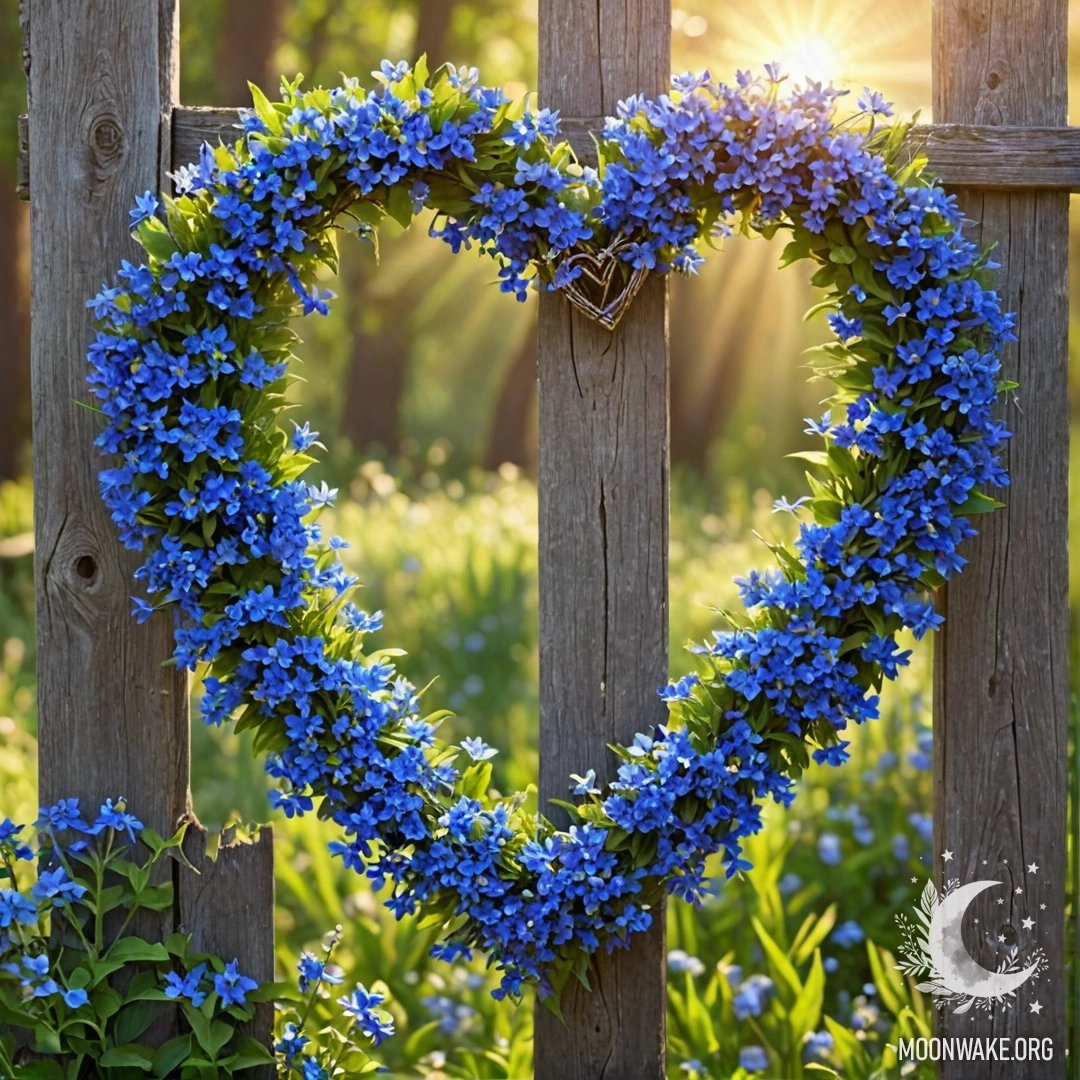 A close-up of an old wooden fence adorned with a heart-shaped wreath of blue flowers and sun rays.