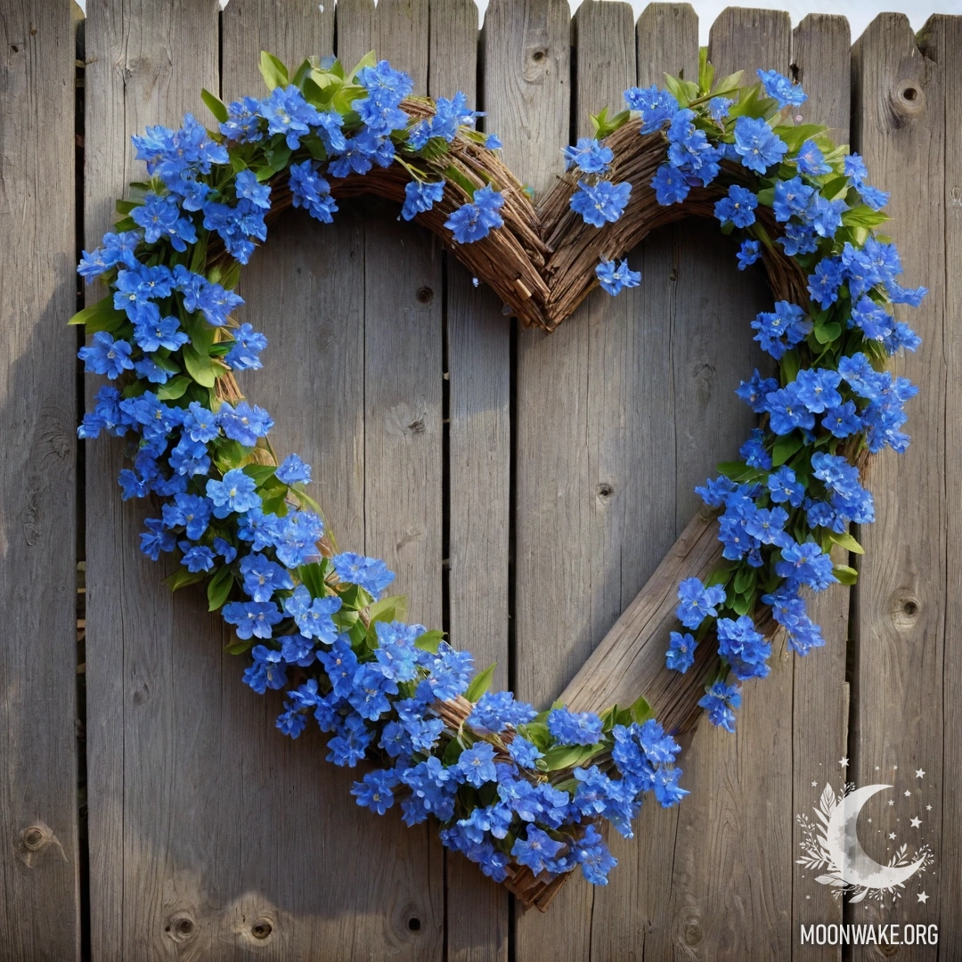 Close-up of an old wooden fence with a heart-shaped wreath of blue flowers illuminated by garland lights.