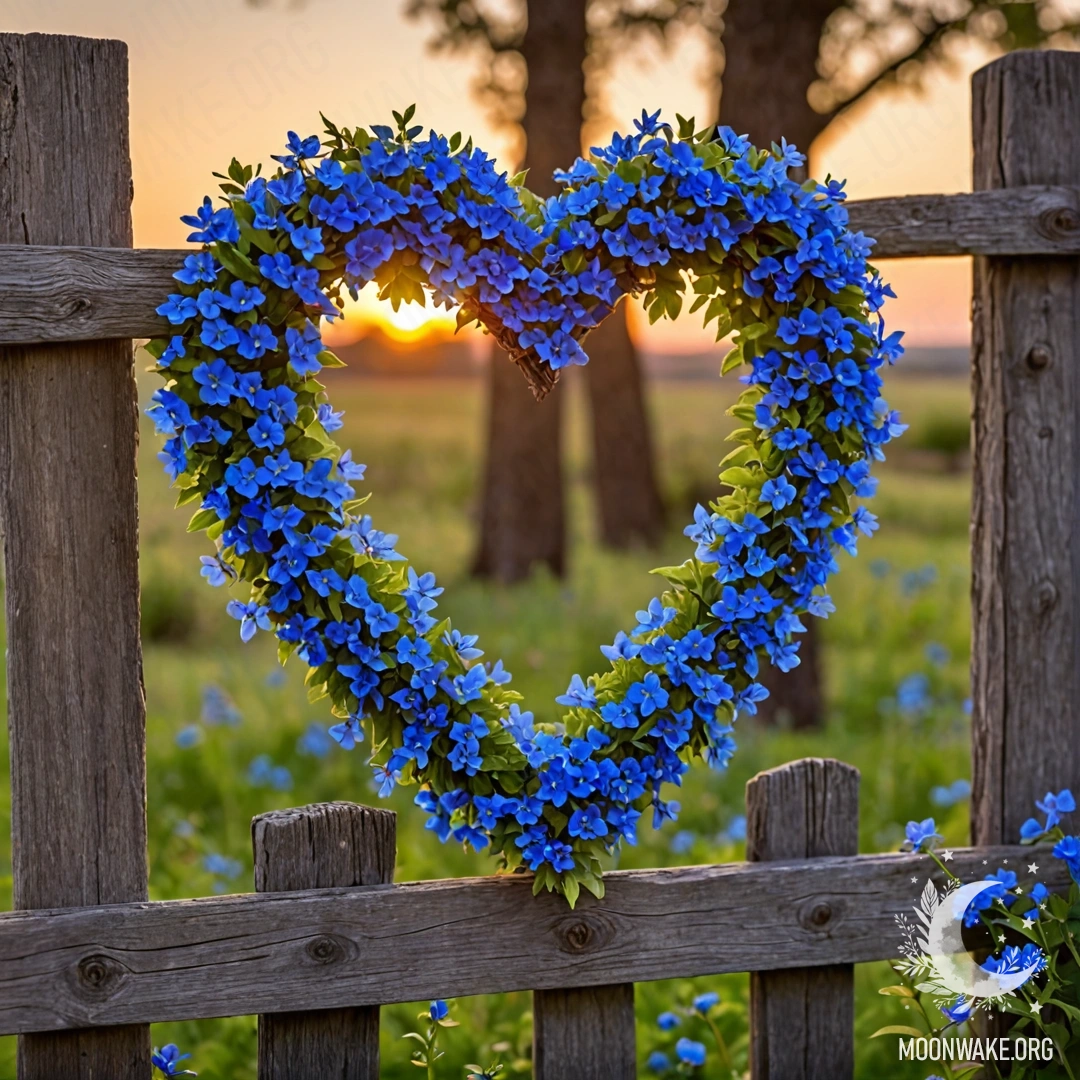 A close-up of an old wooden fence with a blue flower wreath shaped like a heart, illuminated by the warm glow of the sunset.