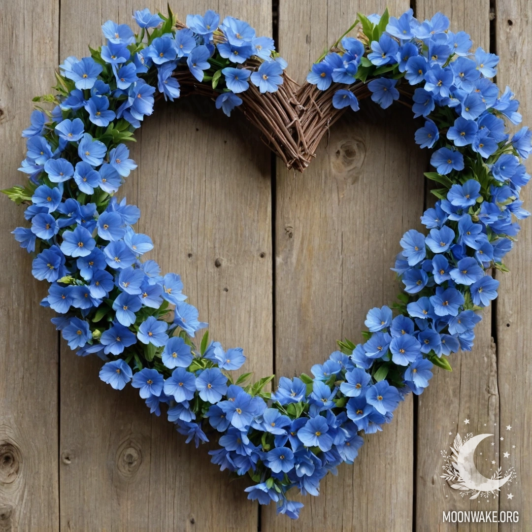 A close-up of an old wooden fence with a heart-shaped wreath of blue flowers.