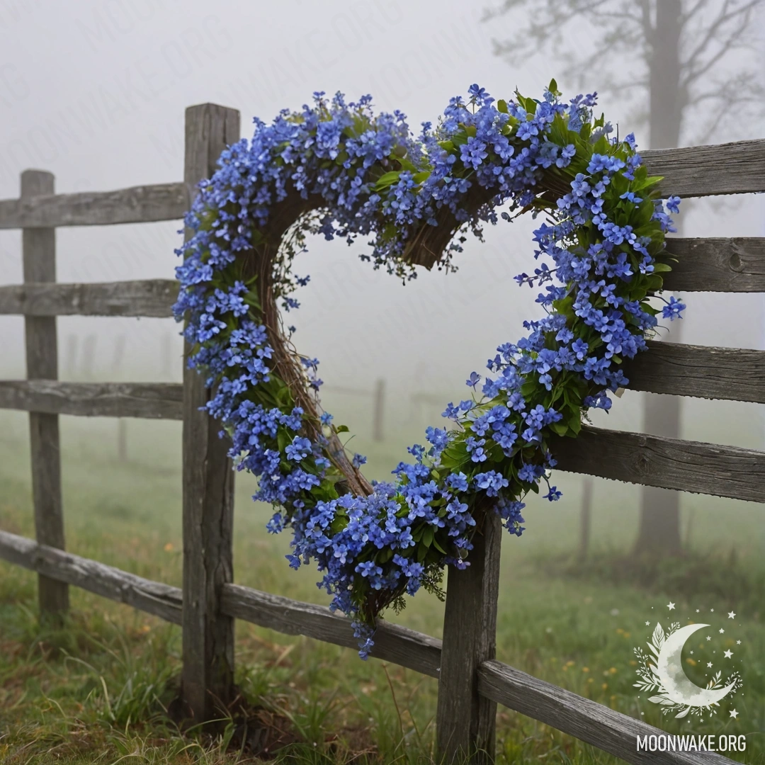 Close-up of an old wooden fence adorned with a heart-shaped blue flower wreath, surrounded by dense mist.