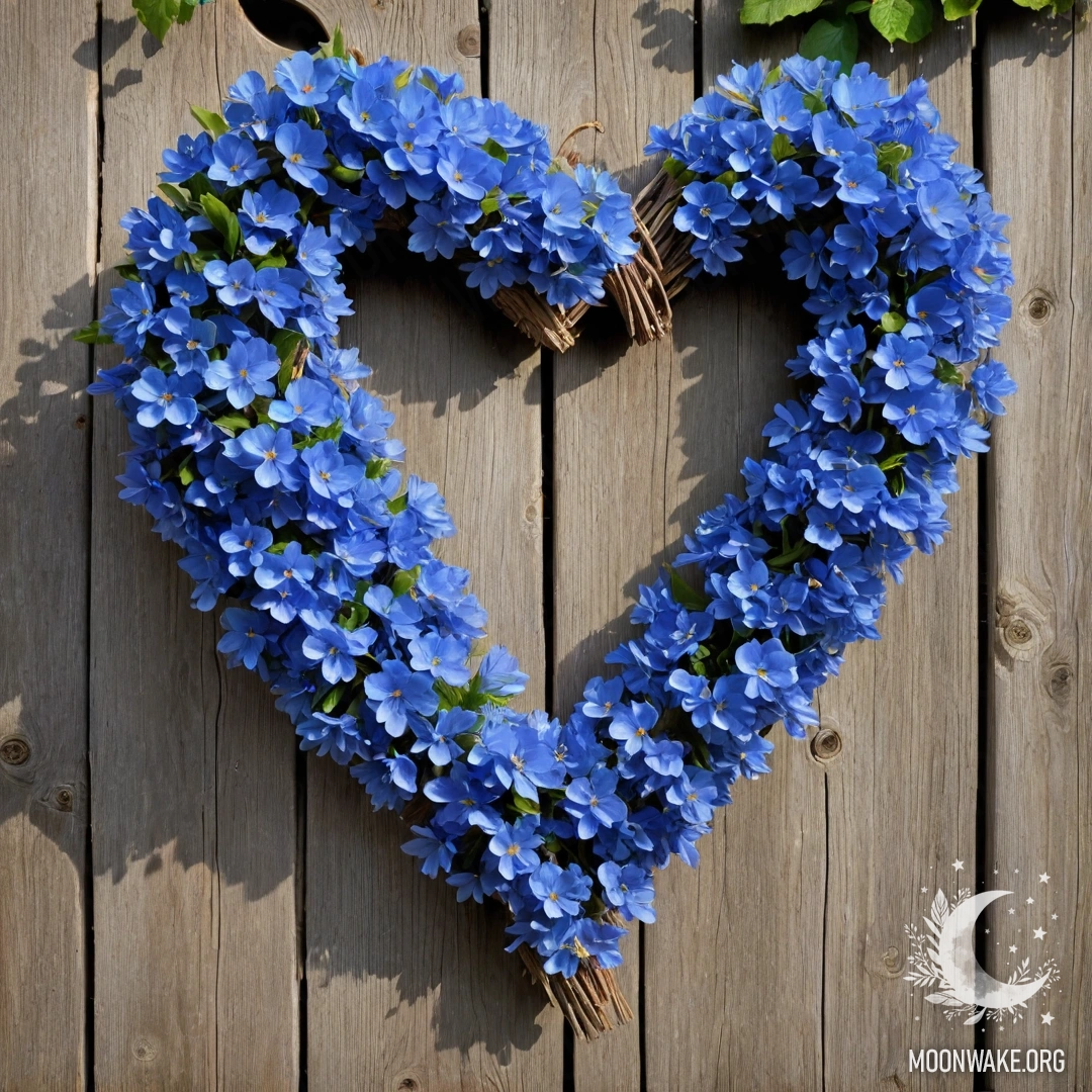 Close-up of an old wooden fence adorned with a blue heart-shaped wreath.